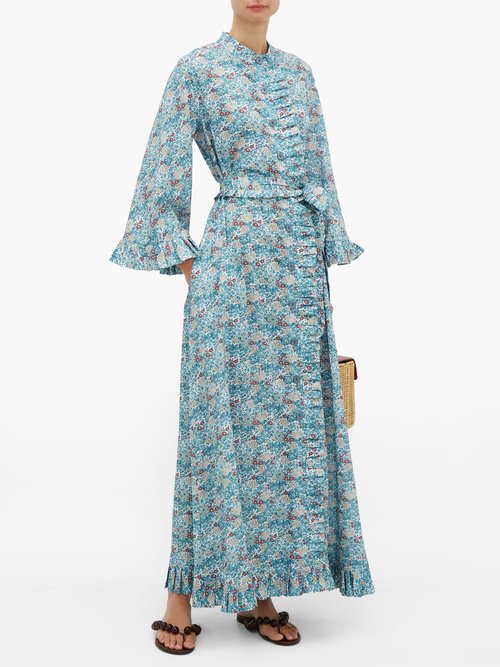 Evi Grintela Marigold Ruffled Floral-print Cotton Dress Blue Print - 40% Off Sale