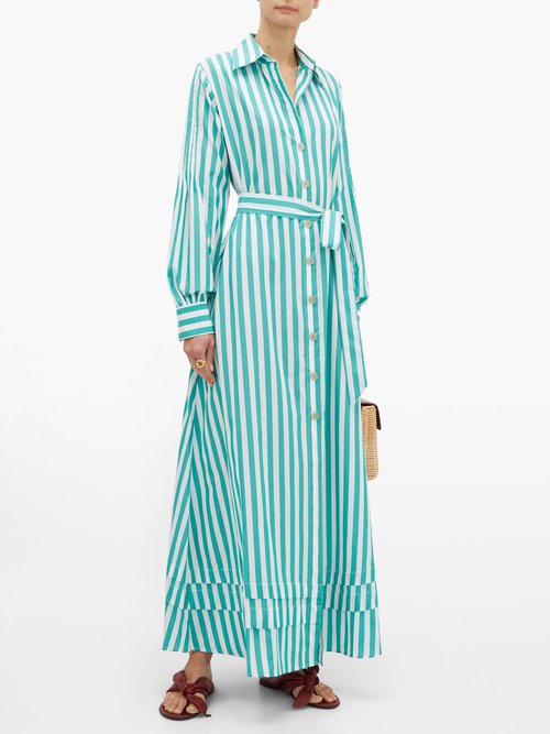 Evi Grintela Lily Striped Cotton Shirt Dress Green Stripe - 70% Off Sale