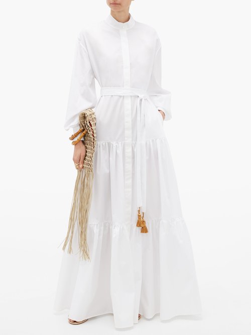 Buy Evi Grintela Beldi Tasselled-tie Tiered Cotton Maxi Dress White online - shop best Evi Grintela clothing sales