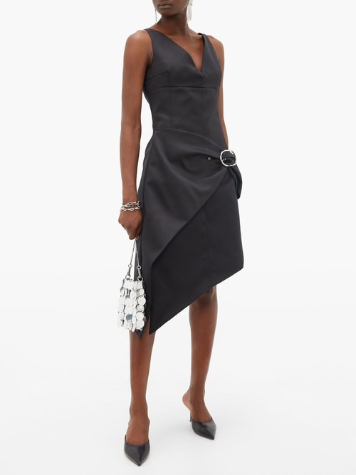 Paco Rabanne Asymmetric Buckled Satin Dress Black - 60% Off Sale