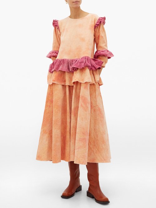 Story Mfg. Tulsi Tie-dyed Ruffled Cotton-corduroy Midi Dress Pink