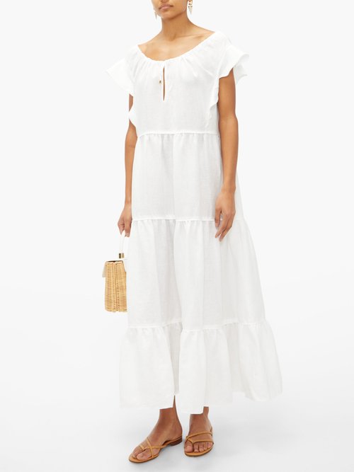Ephemera Drawstring-neck Tiered Linen Maxi Dress Ivory - 60% Off Sale