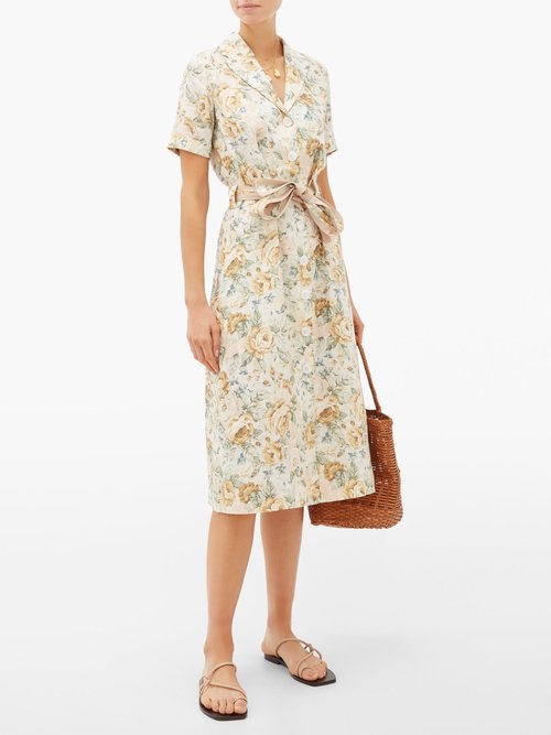 Ephemera Floral-print Linen Shirt Dress Yellow Print - 40% Off Sale