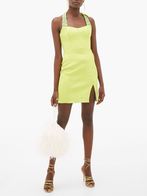 Halpern Beaded Matelassé Mini Dress Green - 70% Off Sale