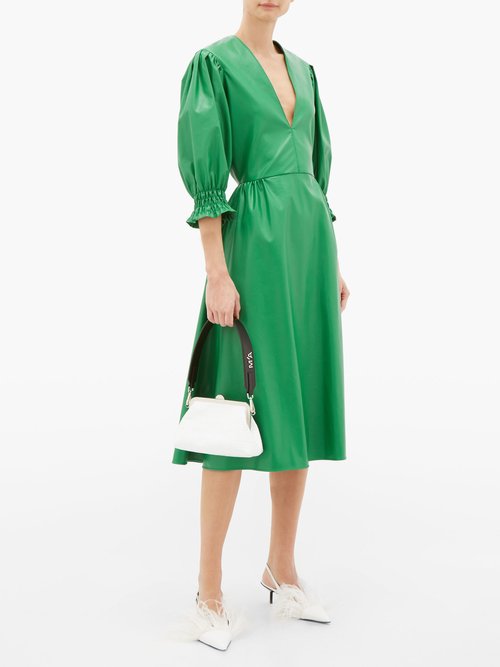 MSGM V-neck Faux-leather Midi Dress Green - 70% Off Sale