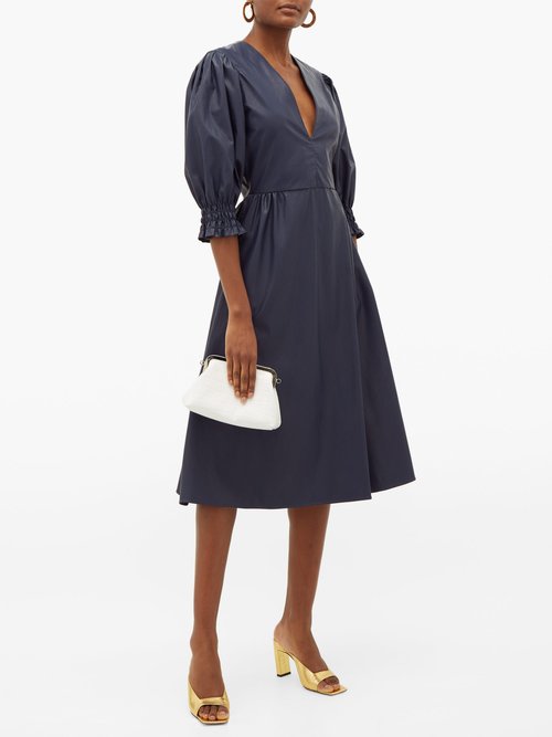 MSGM Shirred-cuff Faux-leather Dress Navy - 60% Off Sale