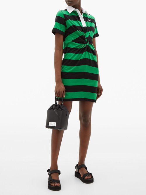 MSGM Striped Tie-front Cotton-jersey Shirt Dress Black Green - 50% Off Sale