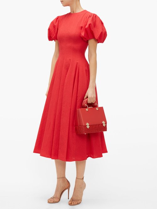 Emilia Wickstead Doreen Puff-sleeve Seersucker Midi Dress Red - 50% Off Sale