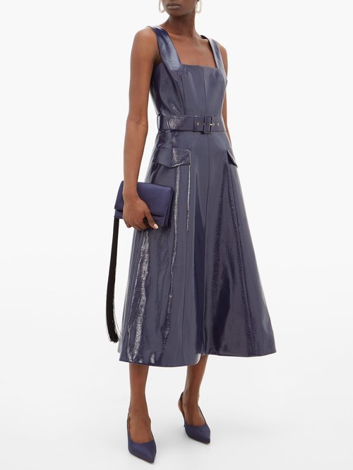 Emilia Wickstead Petra Belted Leather-effect Midi Dress Navy - 60% Off Sale
