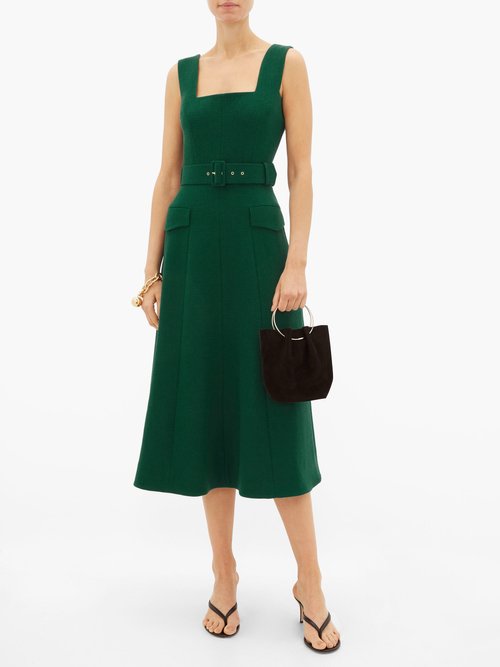 Emilia Wickstead Petra Belted Wool-crepe Midi Dress Dark Green - 40% Off Sale