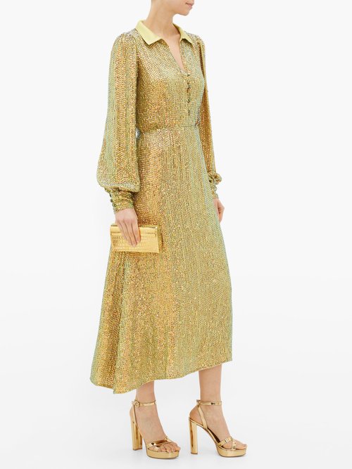 Temperley London Constellation Iridescent-crystal Satin Shirt Dress Gold - 50% Off Sale