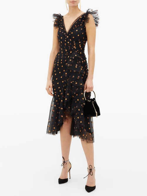 Temperley London Fortuna Glitter-spade Asymmetric Tulle Dress Black Multi - 60% Off Sale