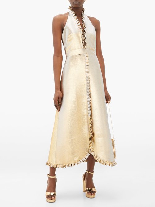 Temperley London Moon Garden Halterneck Shot-lamé Dress Gold – 70% Off Sale