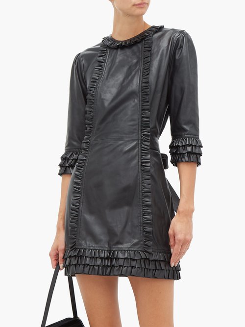 Current/elliott X Vampires Wife Ruffled Leather Mini Dress Black - 50% Off Sale