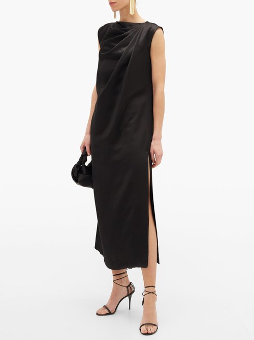 Buy Marina Moscone Twist Shoulder Satin Midi Dress Black online - shop best Marina Moscone clothing sales