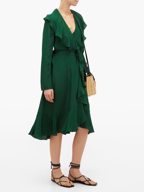 Mes Demoiselles Exauce Ruffled Silk-satin Dress Green - 60% Off Sale