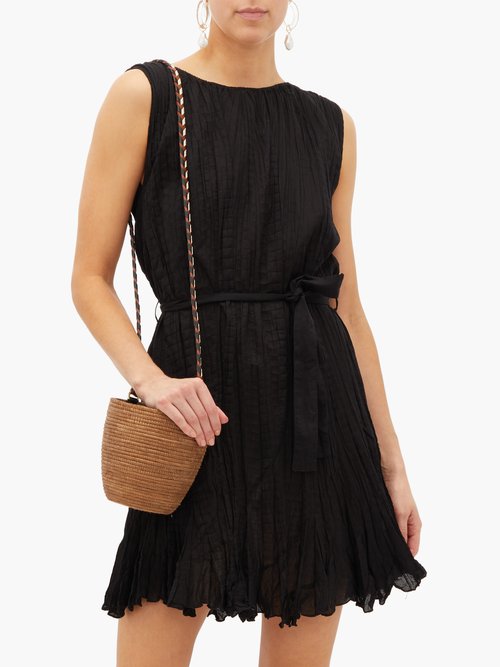 Buy Mes Demoiselles Carla Waist-tie Plissé-cotton Mini Dress Black online - shop best Mes Demoiselles clothing sales