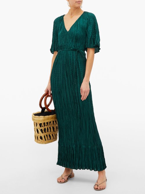 Mes Demoiselles Twinkie Crinkled Silk-satin Maxi Dress Green - 30% Off Sale