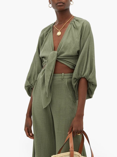 Adriana Degreas Tie-front Linen-blend Shirt Green - 30% Off Sale