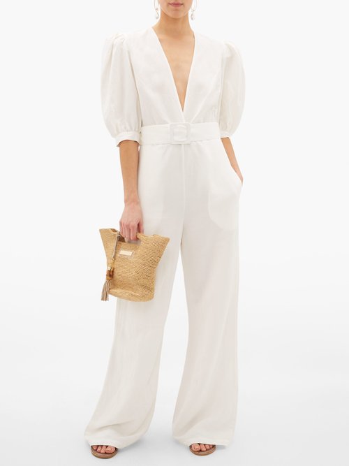 Adriana Degreas Puff-sleeve Belted Crepe Jumpsuit White