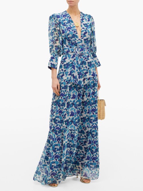 Adriana Degreas Lotus Leaf-print Plissé Silk-georgette Dress Blue Print - 50% Off Sale