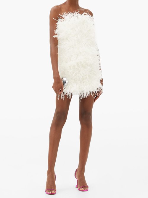 The Attico Strapless Ostrich-feather Strapless Mini Dress White