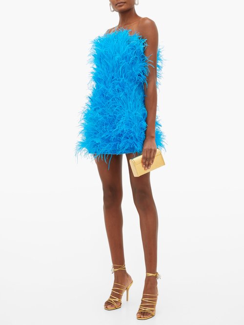 The Attico Strapless Ostrich-feather Mini Dress Blue