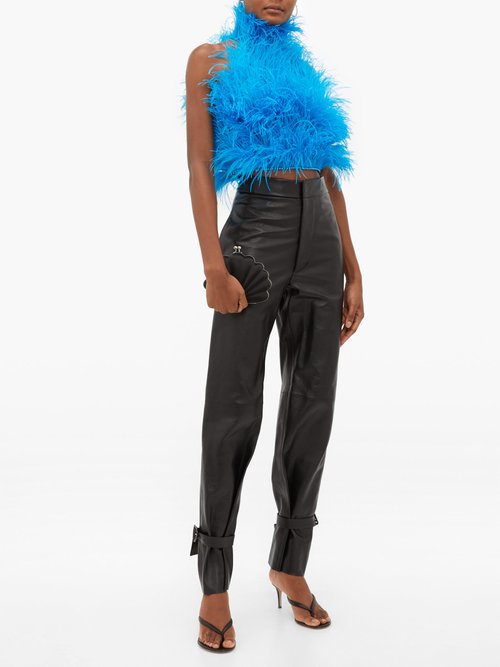 The Attico Feathered High-neck Tulle Crop Top Blue