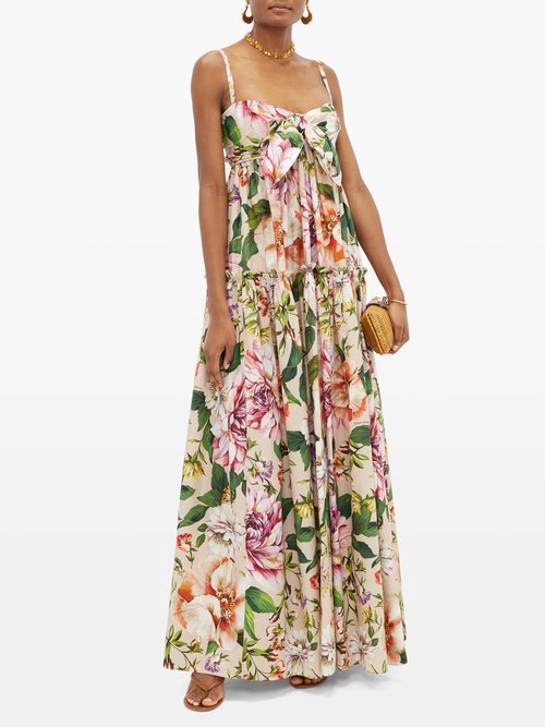 Dolce & Gabbana Bow-trim Floral-print Cotton Maxi Dress Pink Print