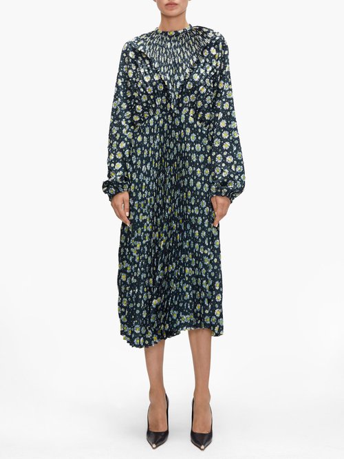 Vetements Floral-print Plissé Midi Dress Black Multi - 50% Off Sale