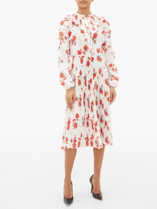 Vetements Pleated Floral-print Satin Midi Dress Red White - 60% Off Sale