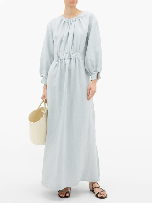 White Story Como Ruched Linen Maxi Dress Light Blue - 50% Off Sale