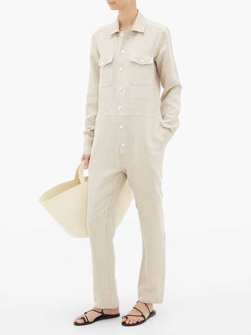 White Story Capri Button-down Linen Jumpsuit Beige
