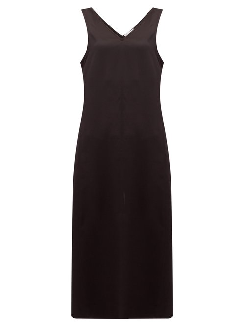 Raey - High V-neck Silk Midi Dress Black