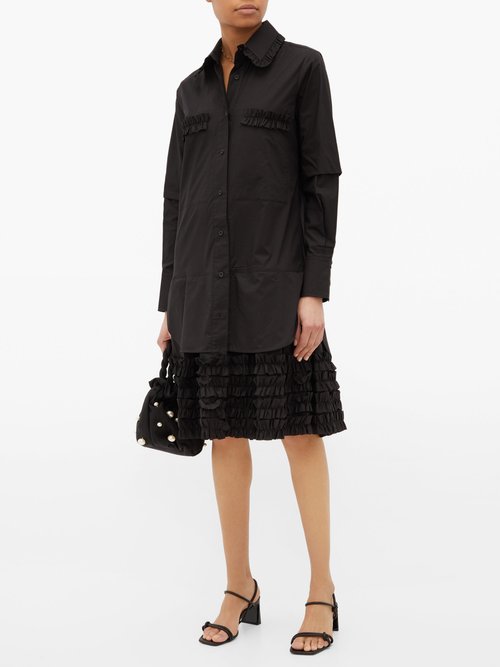 Lee Mathews Elsie Ruffle-hem Cotton-poplin Shirt Dress Black - 60% Off Sale