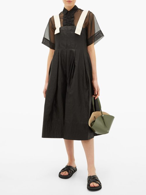 Lee Mathews Phoebe Contrast-strap Waxed-linen Apron Dress Black - 60% Off Sale