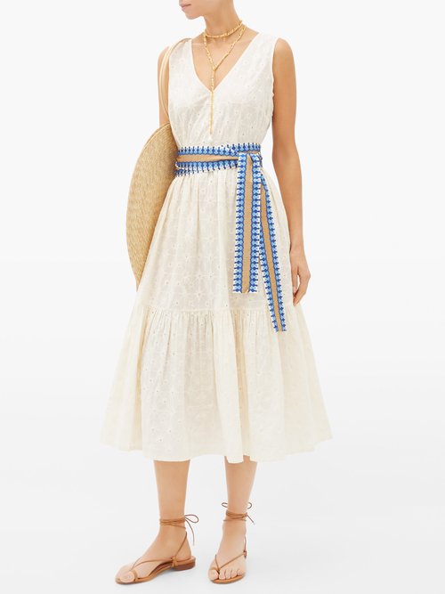 Le Sirenuse, Positano Evelin Belted Embroidered-cotton Midi Dress Cream - 60% Off Sale