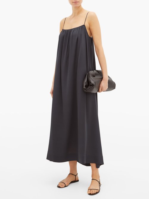 The Row Howard Gathered Silk-georgette Dress Dark Grey - 30% Off Sale