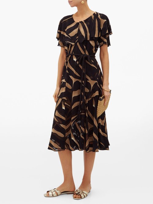 Lisa Marie Fernandez Sanja Zebra-devoré Belted Crepe Midi Dress Brown Print - 70% Off Sale
