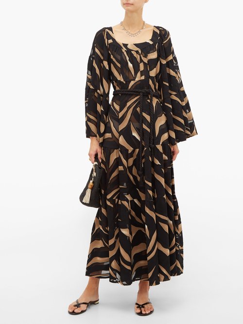 Lisa Marie Fernandez Peasant Abstract-print Tiered Crepe Maxi Dress Brown Print - 60% Off Sale