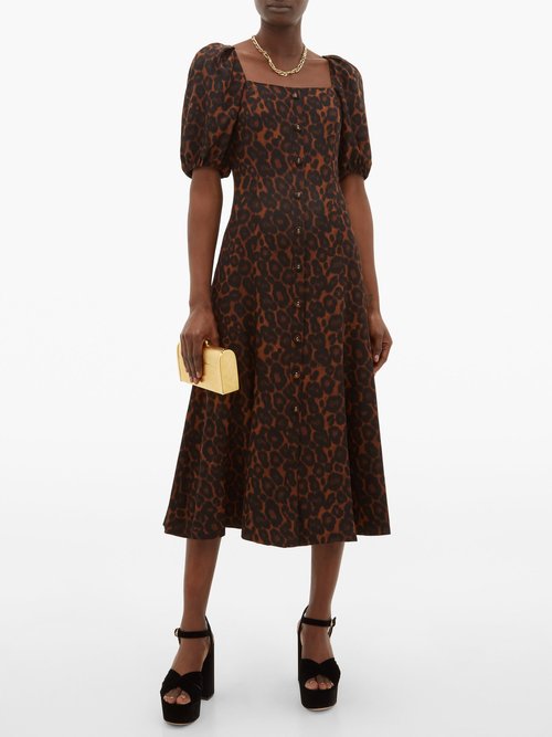 Erdem Mariona Puff-sleeved Silk Crepe Dress Leopard - 60% Off Sale