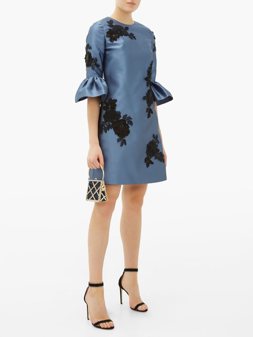 Erdem Elijah Floral-appliqué Mikado-satin Mini Dress Blue - 60% Off Sale