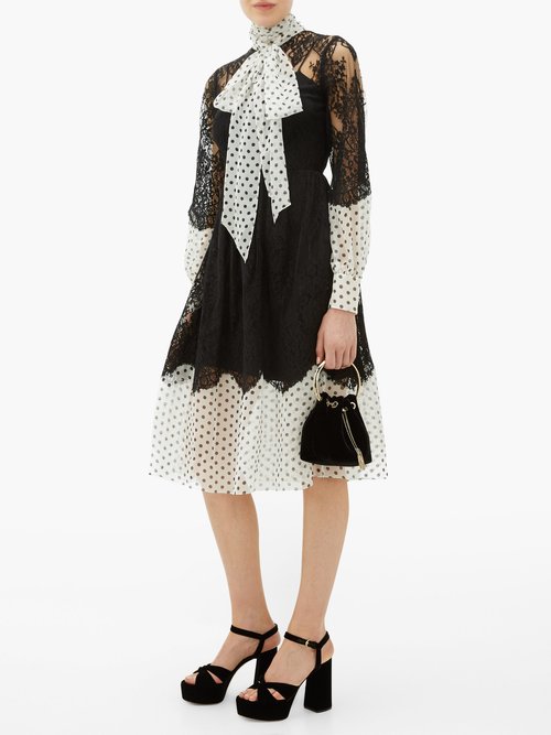 Erdem Medina Tie-neck Lace And Polka-dot Georgette Dress White Black - 60% Off Sale