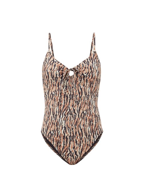 Belize – Yara Tie-front Abstract-print Swimsuit Brown Print Beachwear
