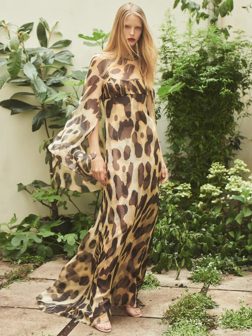 Julie De Libran Alexia Cape-sleeve Leopard-print Silk Gown Animal - 60% Off Sale