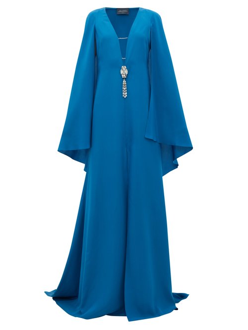 Julie De Libran - Bluebird Crystal-embellished Cape-sleeve Silk Gown Dark Blue