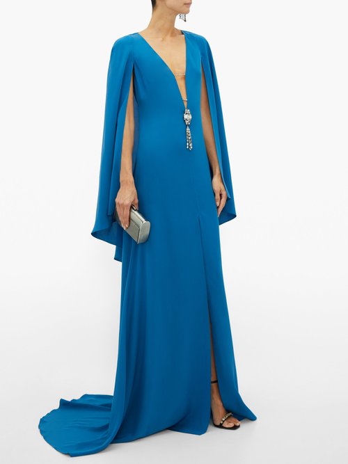 Julie De Libran Bluebird Crystal-embellished Cape-sleeve Silk Gown Dark Blue - 70% Off Sale