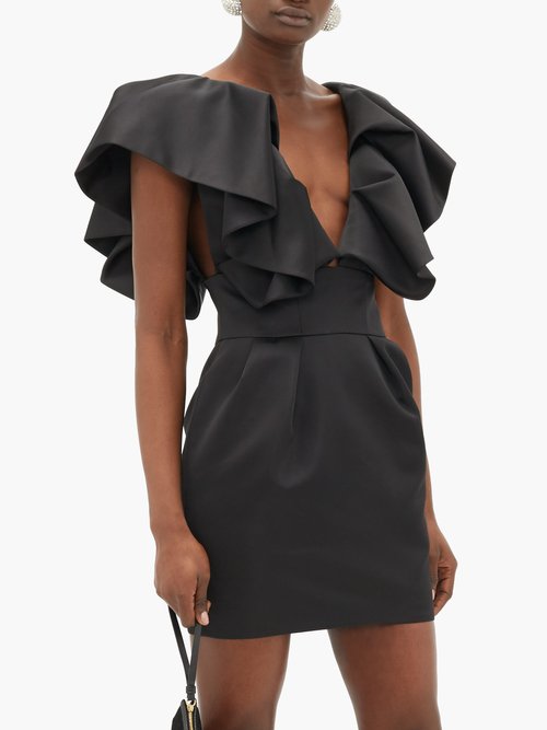 Alexandre Vauthier Ruffled Plunge-neck Satin Mini Dress Black - 60% Off Sale