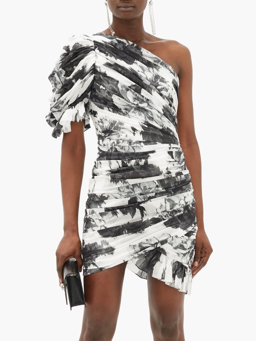 Buy Alexandre Vauthier Puff-shoulder Asymmetric Floral-print Mini Dress White Black online - shop best Alexandre Vauthier clothing sales