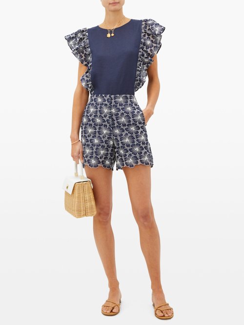 Zeus + Dione Stoa Floral-embroidered Ruffled Top Navy - 70% Off Sale
